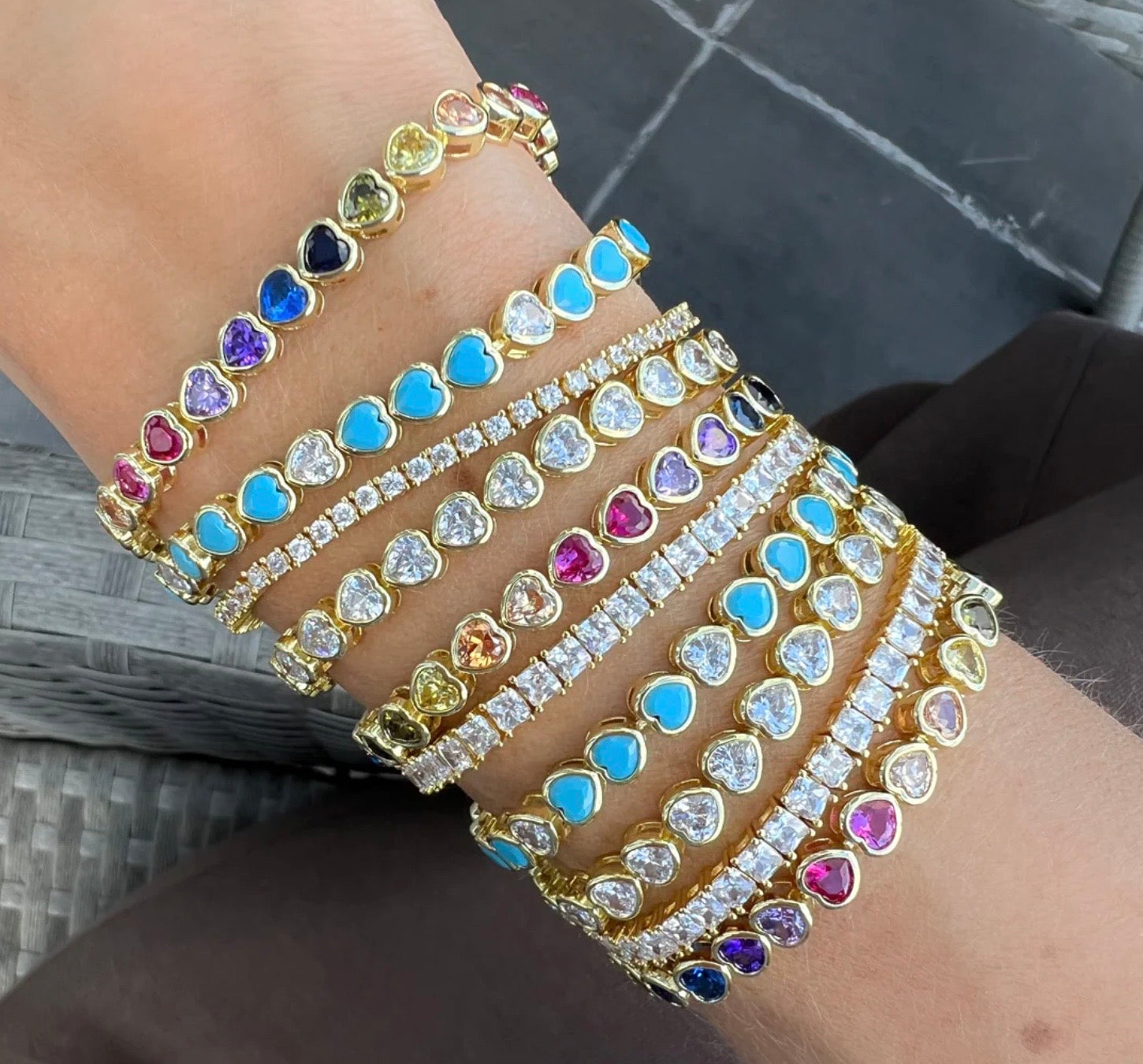 Around the World Rainbow Bezel Heart Tennis Bracelet