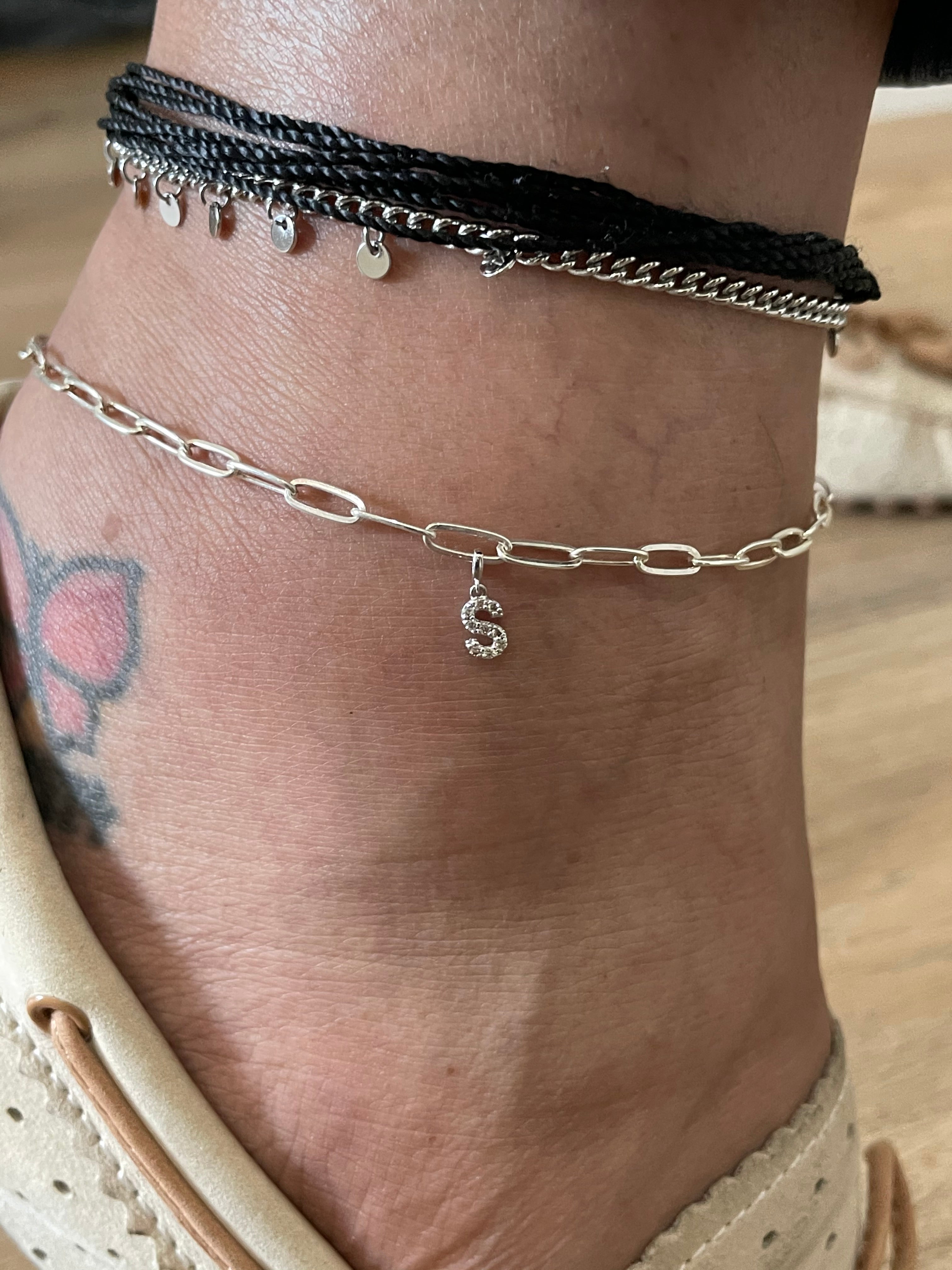 Diamond Initial Mini Paperclip Anklet