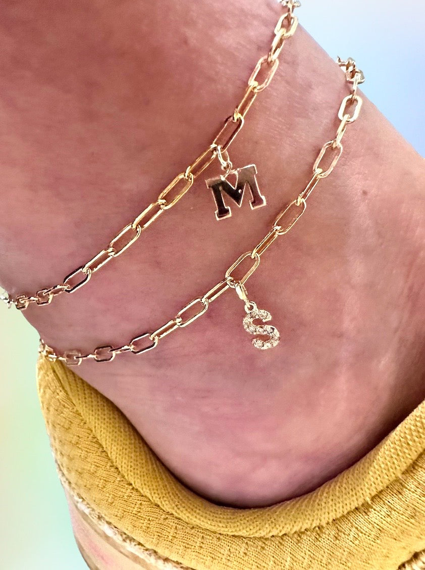 14KY Initial Mini Paperclip Anklet