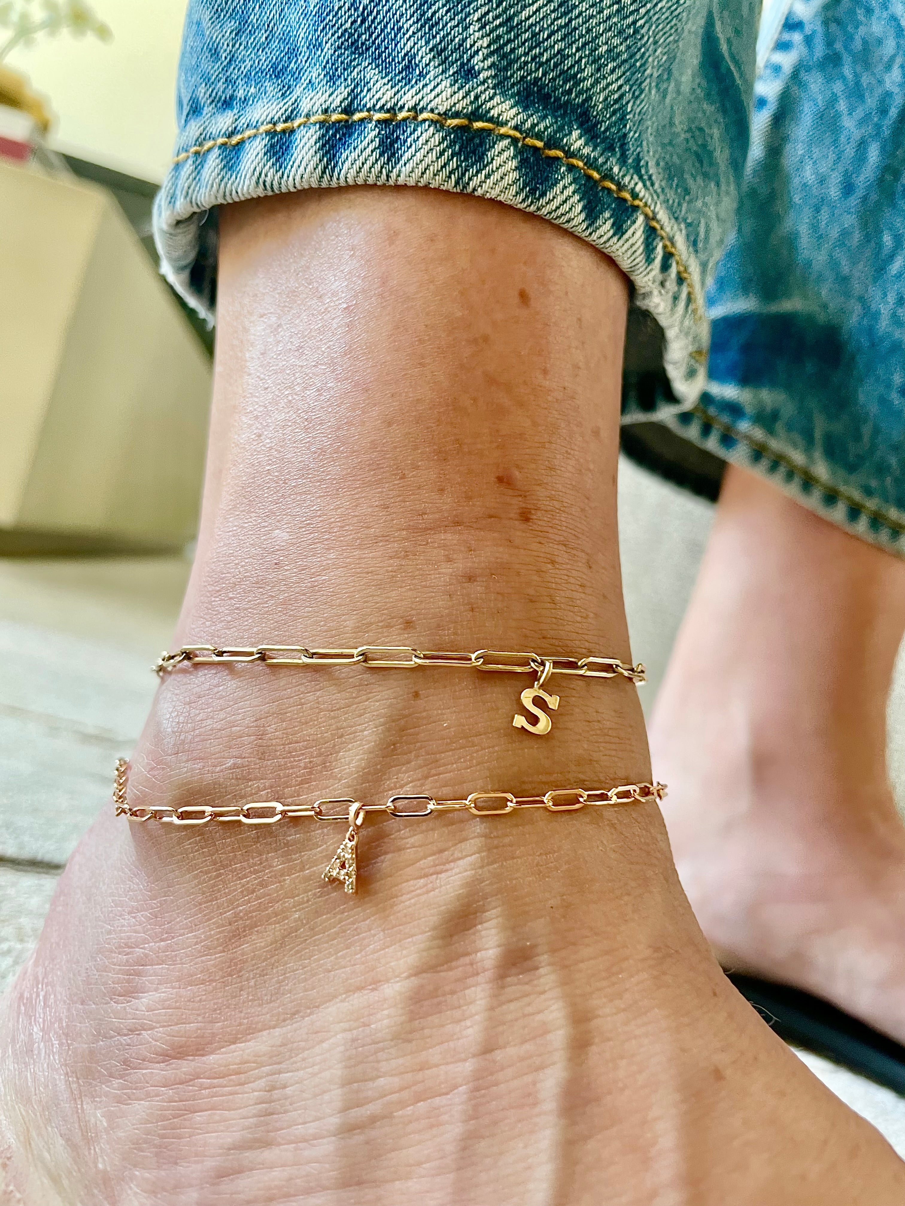 Diamond Initial Mini Paperclip Anklet