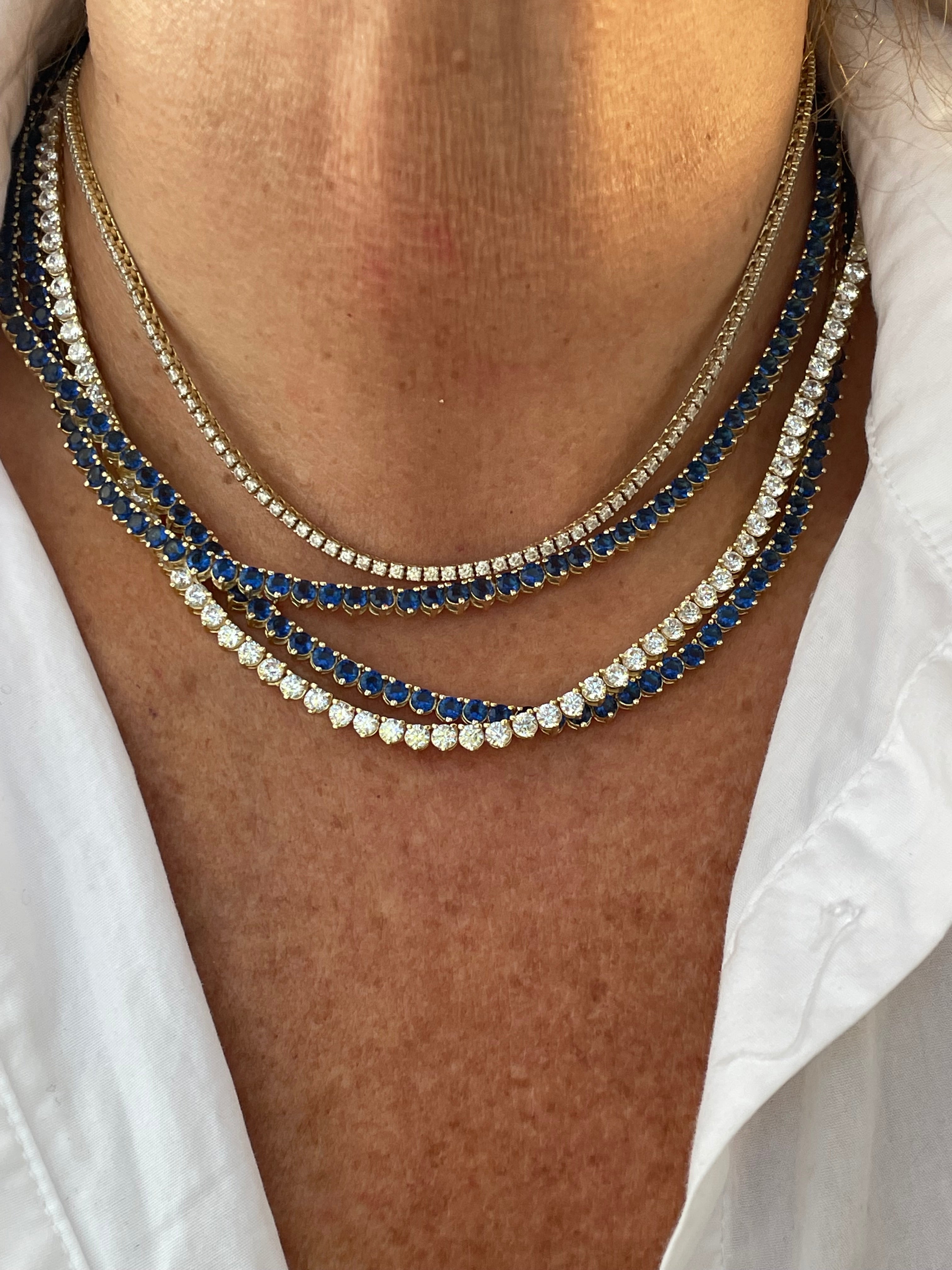 Womens Blue Sapphire Diamond Tennis Necklace 18K White Gold 17
