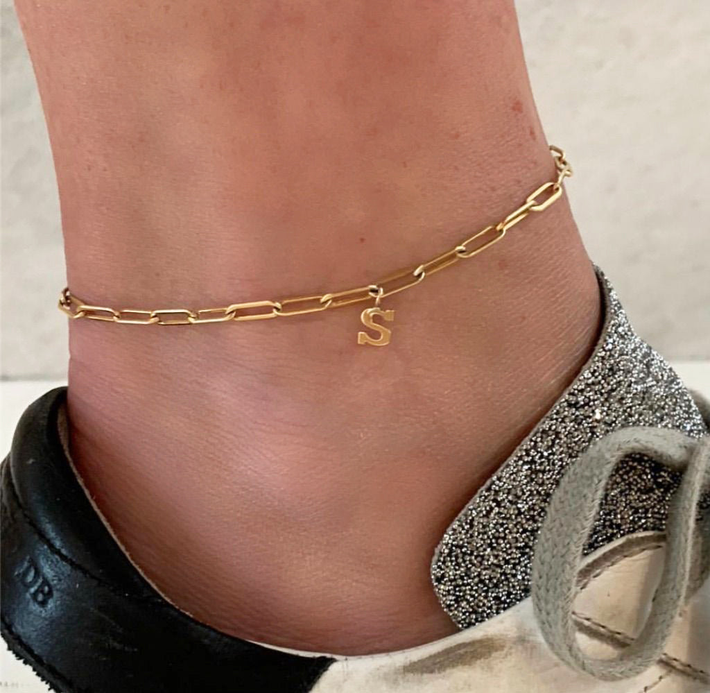 14KY Initial Mini Paperclip Anklet